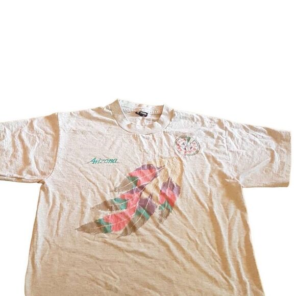 Vintage Tops - Vintage 80s Feather ARIZONA graphic tee tshirt pastel pink sparkle grey soft 80s